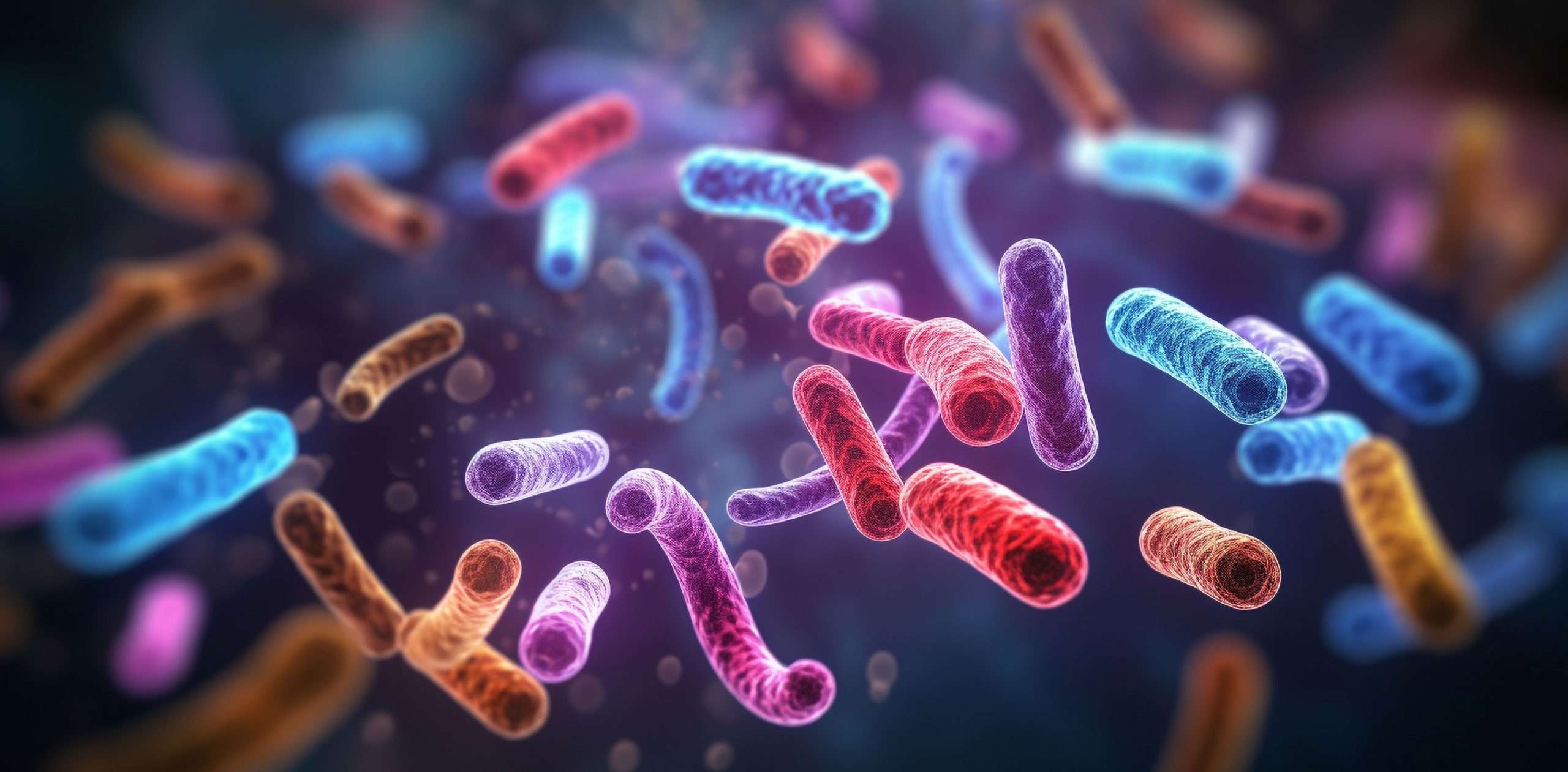 Visualisierung von bunten probiotischen Bakterienkulturen, thematisiert im Artikel über die Wirkung und Supplementierung von Probiotika auf healthmonkeys.de.