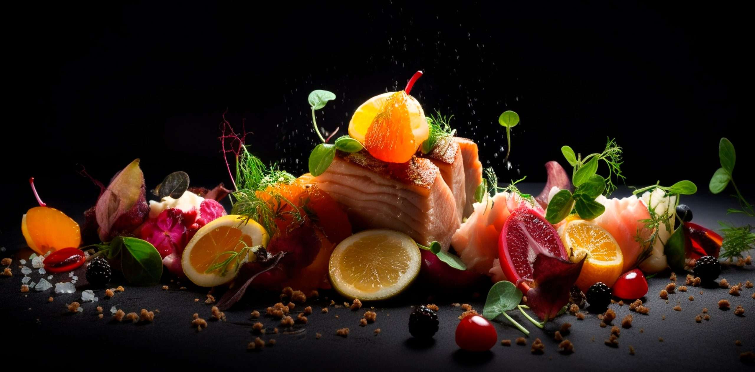 Frisch zubereitetes Gericht mit Lachs, Zitrusfrüchten, Gemüse und Beeren, thematisiert im Artikel über die richtige Ernährung und passende Diäten auf healthmonkeys.de.