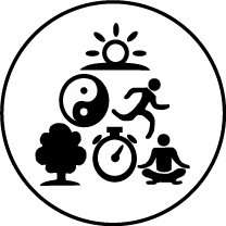 Symbolbild für Balance und Gesundheit mit Yin-Yang-Symbol, Sonne, laufender Person, Baum, Uhr und meditierender Figur.