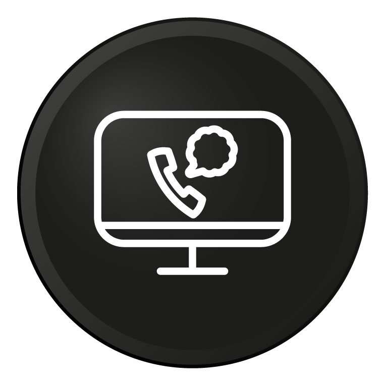 Rundes Icon mit einem Bildschirm in dem ein Hörer und eine Sprechblase zu sehen ist, symbolisch für die erste Terminvereinbarung.