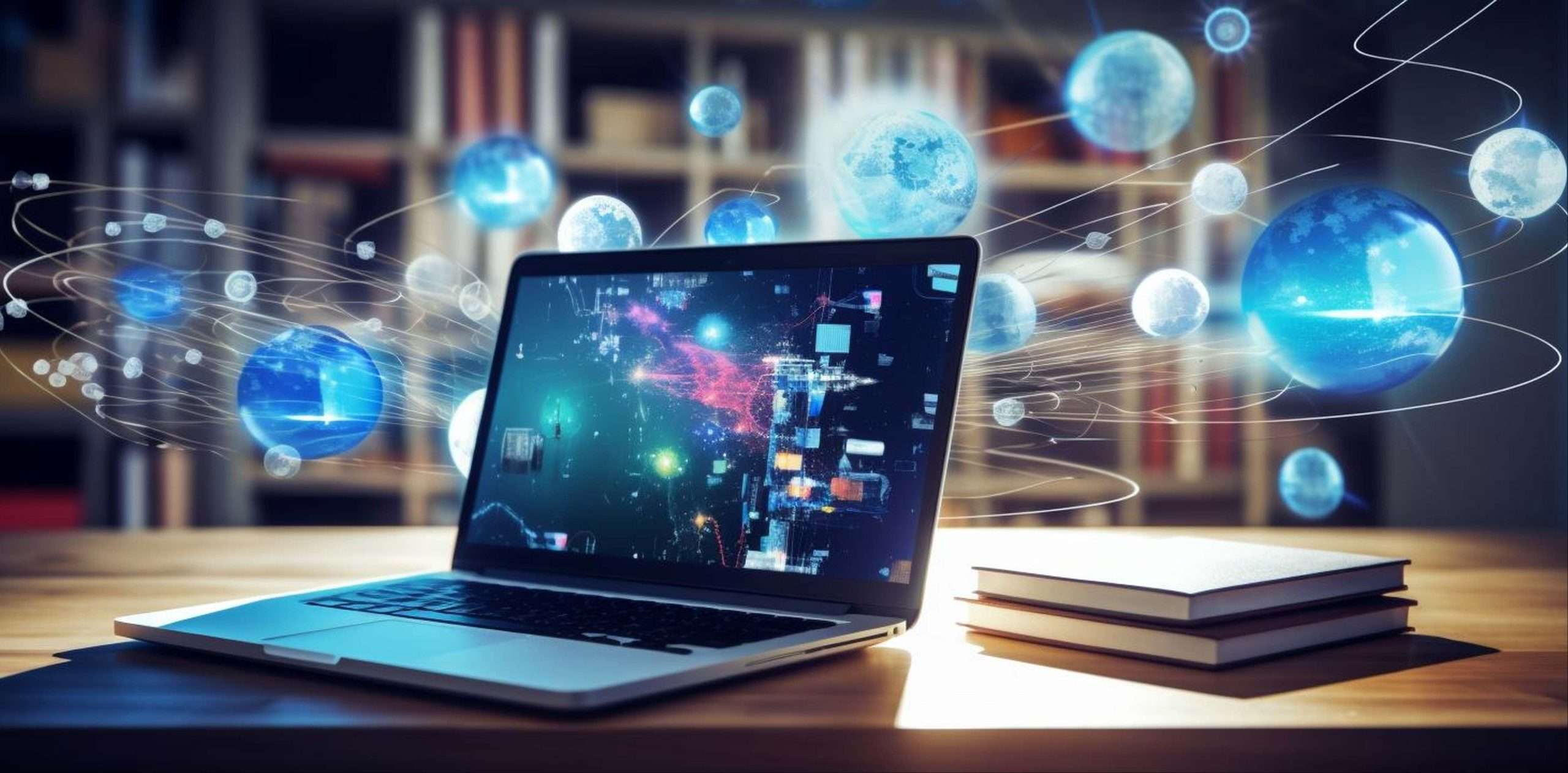 Laptop mit virtuellen Globus- und Netzwerkdarstellungen, thematisiert auf der Online Academy-Seite von Healthmonkeys für digitale Kurse und Weiterbildung.