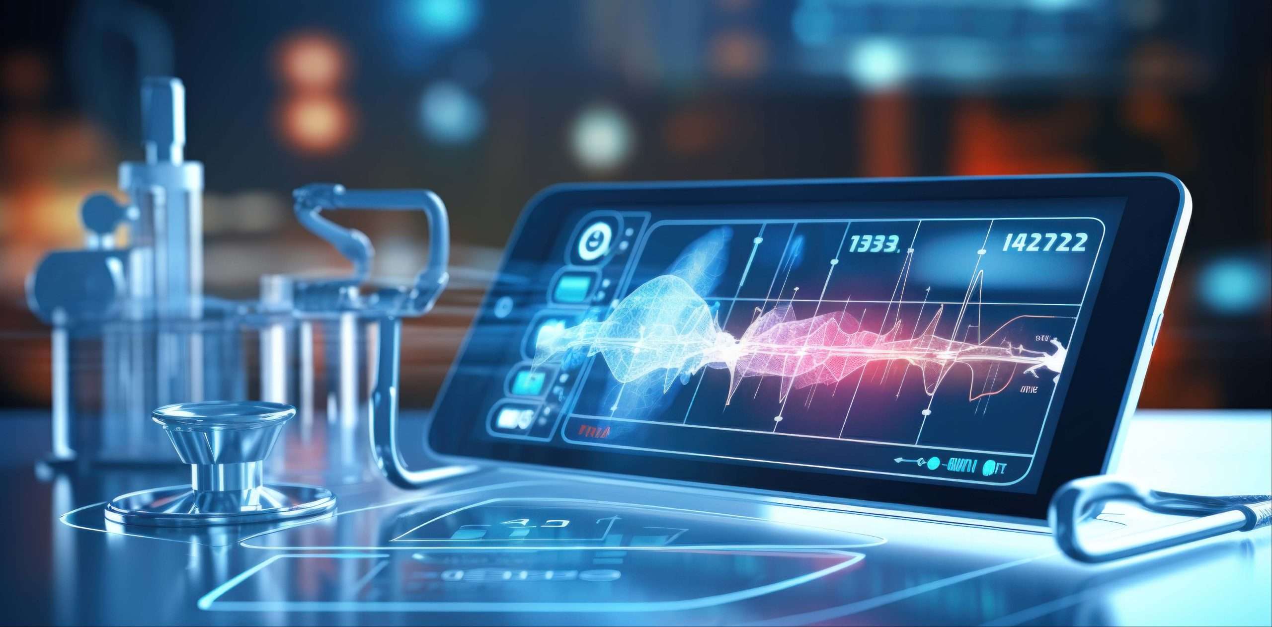 Professionelle Analyse: Tablet Bildschirm mit physiologischen Markern auf einem Labor Tisch mit Instrumenten, symbolisch für die Professionalität und Modernität in unserem Coaching.