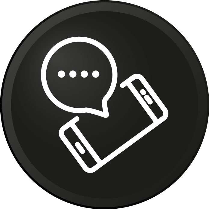Rundes Icon mit Handy und Sprechblase symbolisch für ein kurzes Vorgespräch.