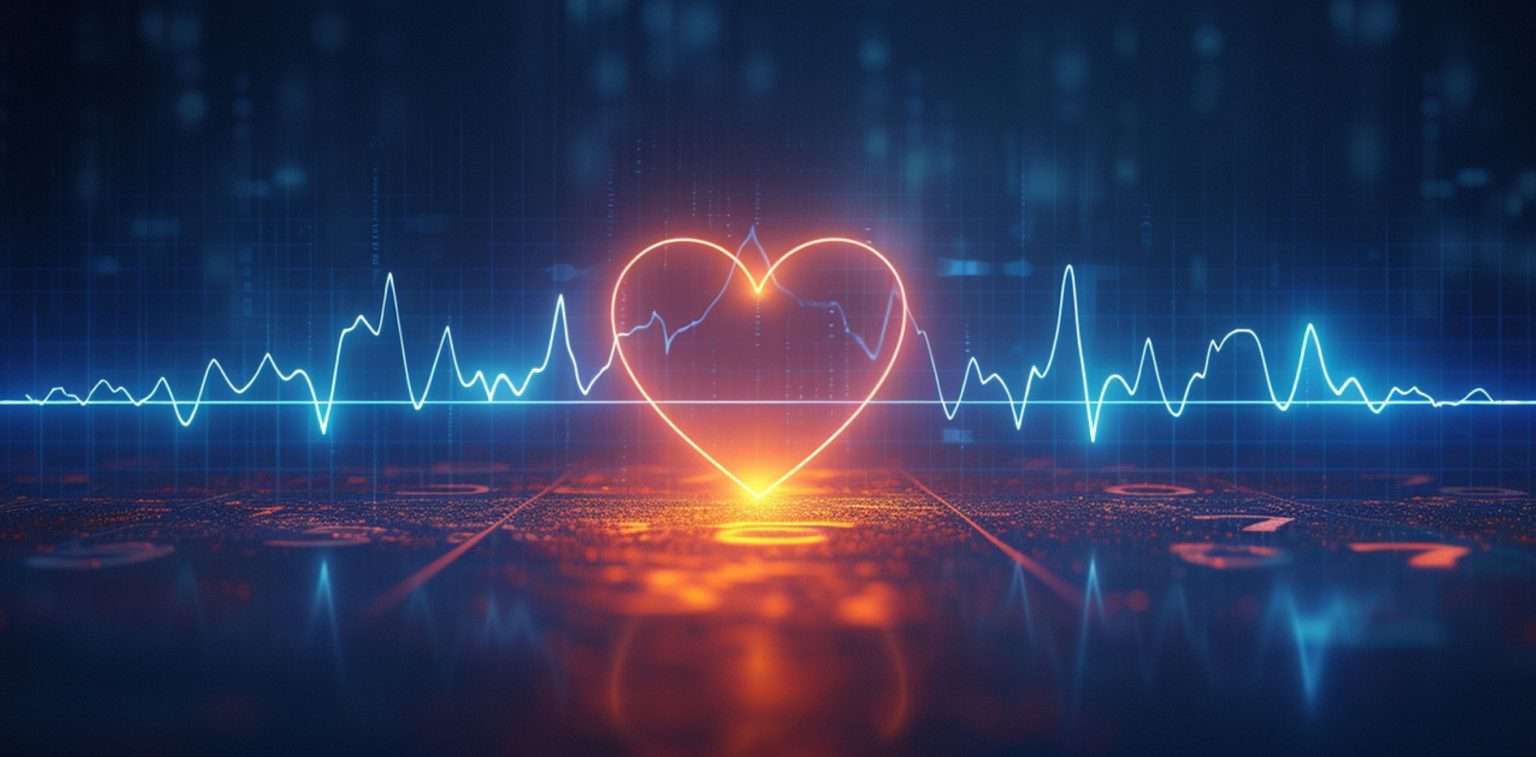 Visualisierung physiologischer Marker: Herzfrequenz und Vitaldaten dargestellt durch leuchtende Herzlinie und EKG-Kurve, symbolisiert den Zusammenhang zwischen Gesundheit und messbaren körperlichen Indikatoren.