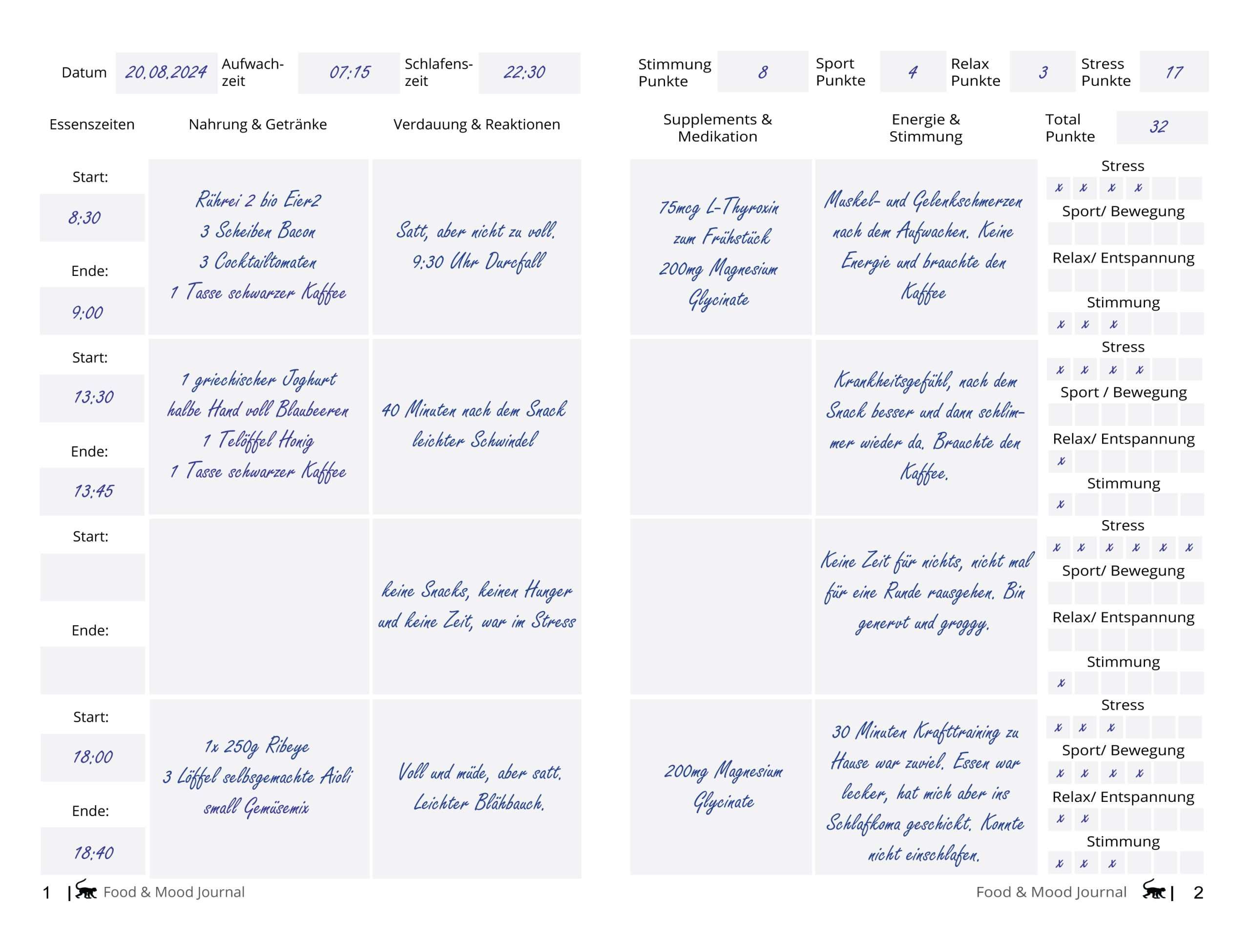 Doppelseite des Ernährungs- und Gemüts- Journal.