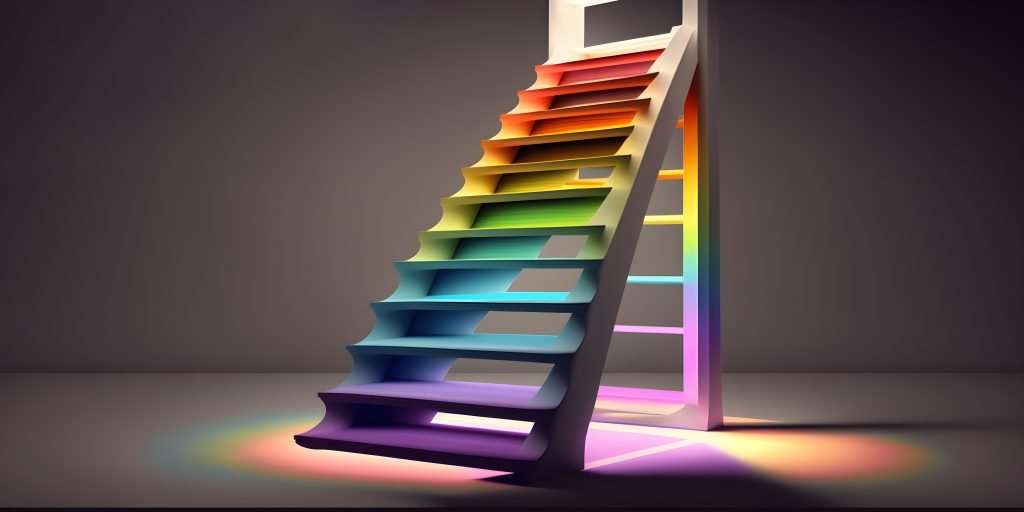 Bunte Treppe, die einen schrittweisen Ansatz symbolisiert, bei dem jeder Schritt auf den vorhergehenden aufbaut und einen exponentiellen Effekt erzeugt.