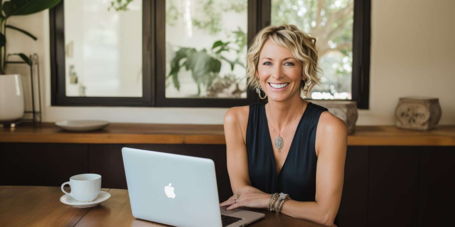 Blonde Frau am Holzküchentisch mit einer Kaffeetasse und einem Macbook, symbolisch für das 1:1 Coaching Gespräch.