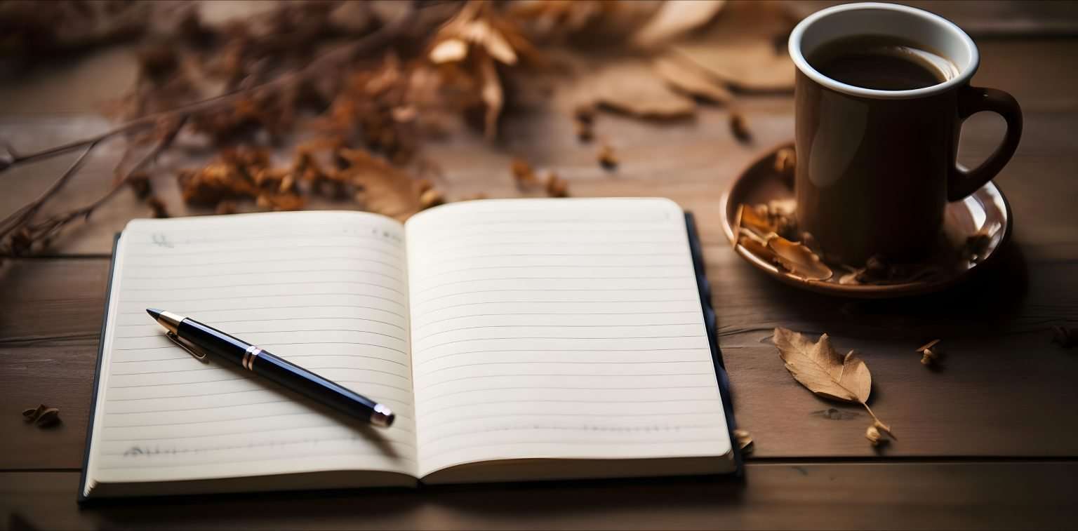 Ein aufgeklapptes Notizbuch mit einem Kugelschreiber drauf auf einem Holztisch und daneben eine Tasse Kaffee, symbolisch dafür dass unsere Klienten uns ihre Story vorab senden sollen.
