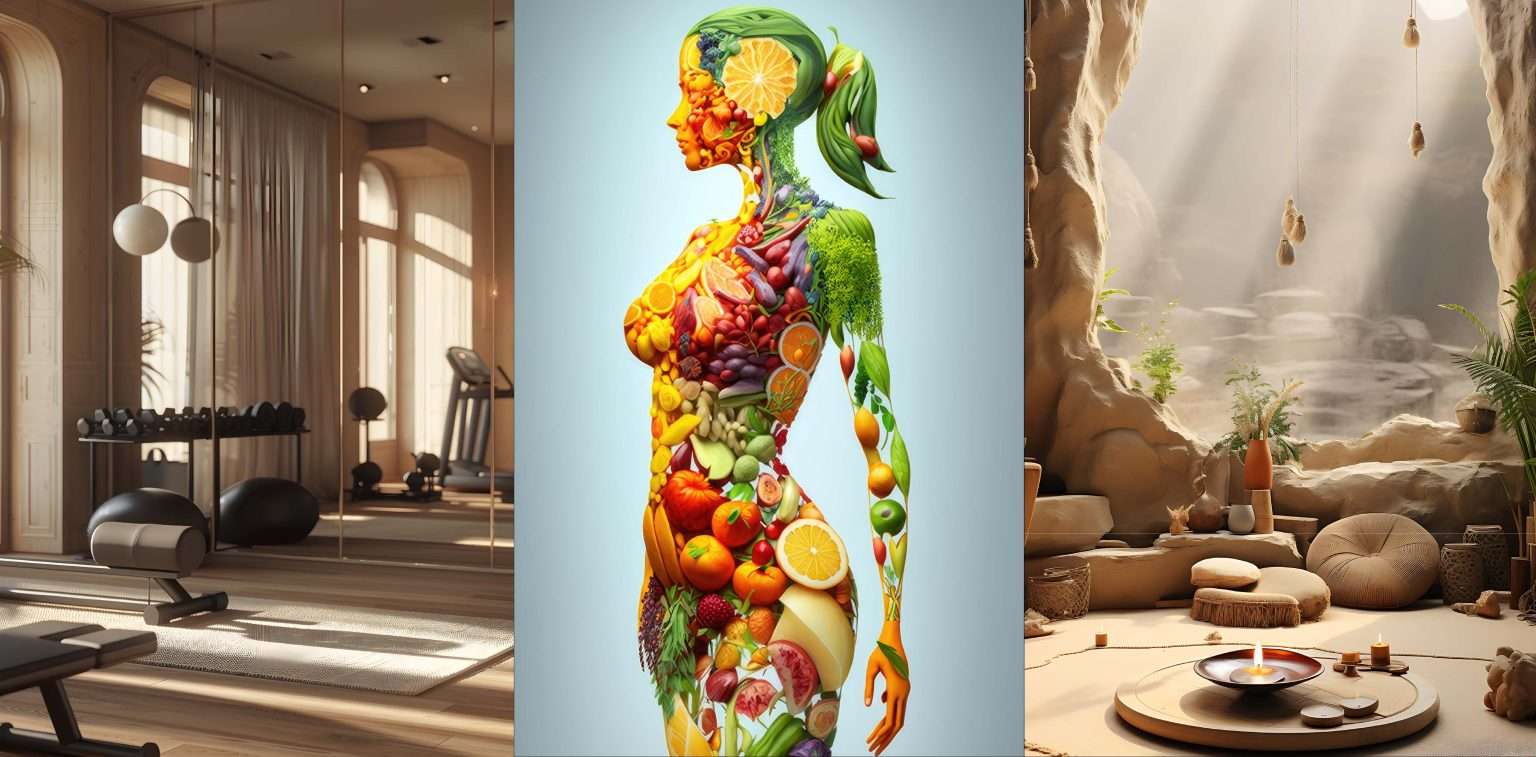 Ein Fitnessraum links, in der Mitte eine Frauenfigur aus Früchten und Gemüse und rechts eine Grotte mit Kerzen und Sitzkissen, symbolisch für das was wir im 1:1 Coaching besprechen.