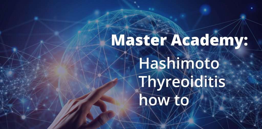 Frauenhand, die auf eine blau leuchtende Kugel und ein darüberliegendes Leuchtnetz zeigt, symbolisch für den Master Onlinekurs: Hashimoto Thyreoiditis how to.
