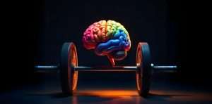 Buntes Gehirn auf einer Hantelstange – Symbol für mentale Stärke, Disziplin und das Training gesunder Routinen
