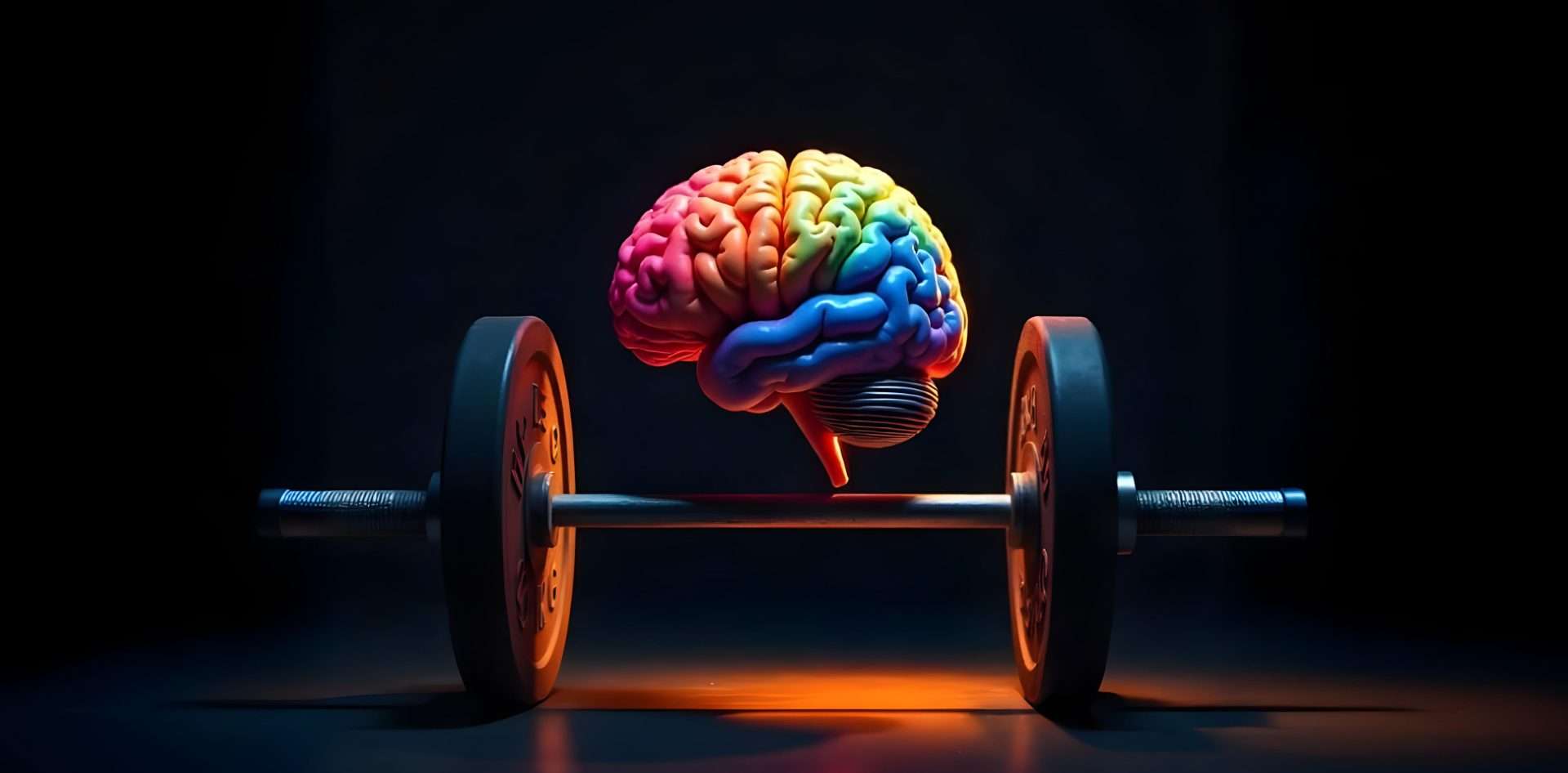 Buntes Gehirn auf einer Hantelstange – Symbol für mentale Stärke, Disziplin und das Training gesunder Routinen