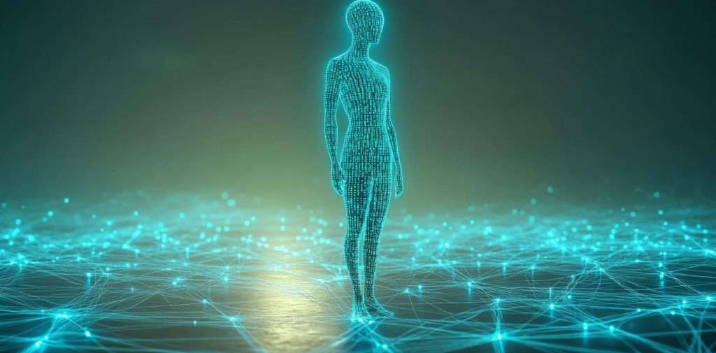 Digitale menschliche Figur in einem Netzwerk – Symbol für systematische Verhaltensänderung, mentale Disziplin und den Aufbau gesunder Routinen