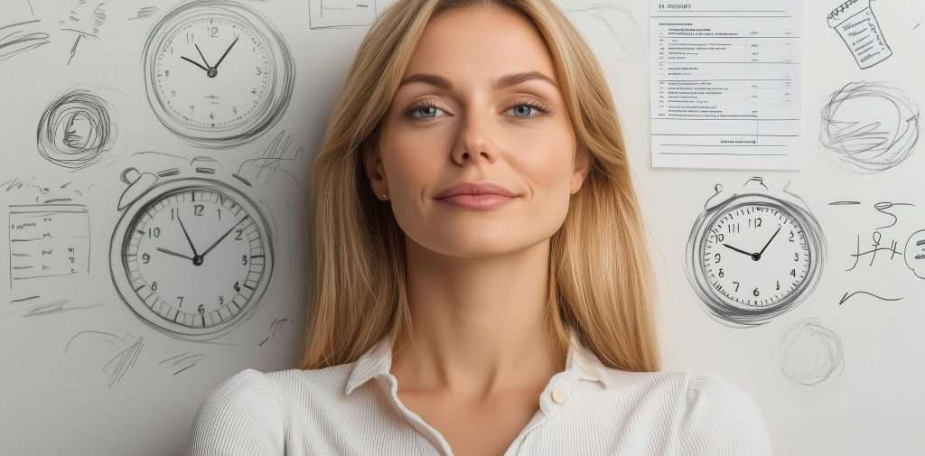 Fokussierte Frau vor Uhren und Planungsnotizen – Symbol für Vorausplanung, Struktur im Alltag und das Vermeiden von Entscheidungsermüdung