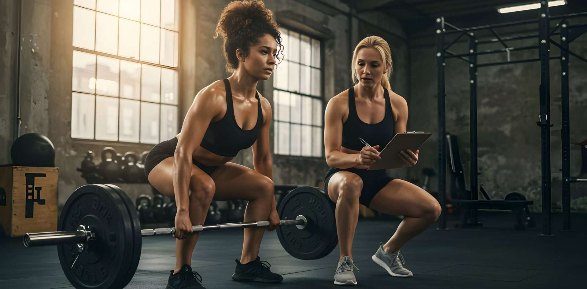 Frau beim Kreuzheben mit Langhantel, Trainerin kontrolliert Technik im Fitnessstudio